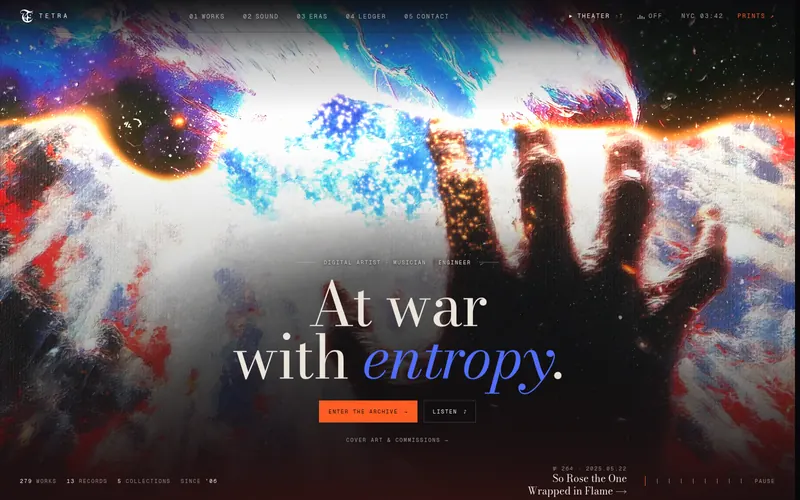 The front page: a burning work full-bleed behind “At war with entropy”