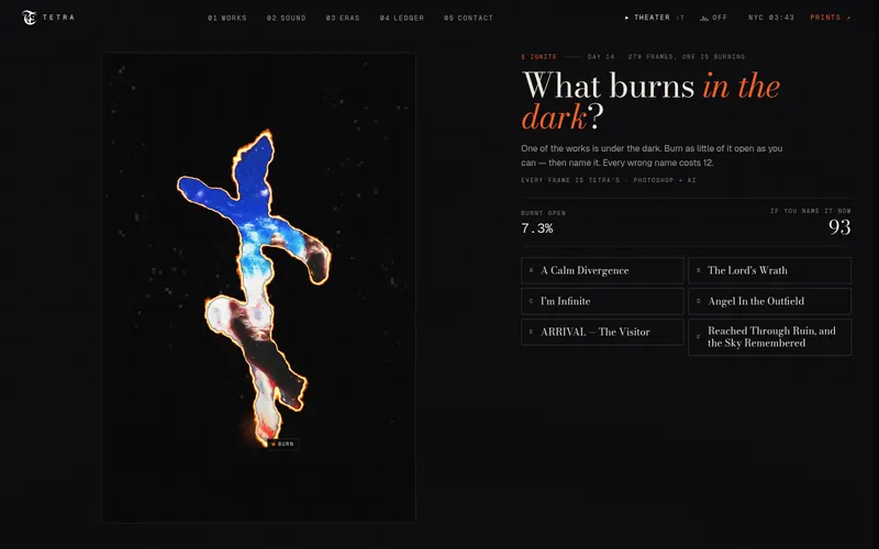 Ignite mid-game: a figure burnt open out of the dark, six titles to choose from