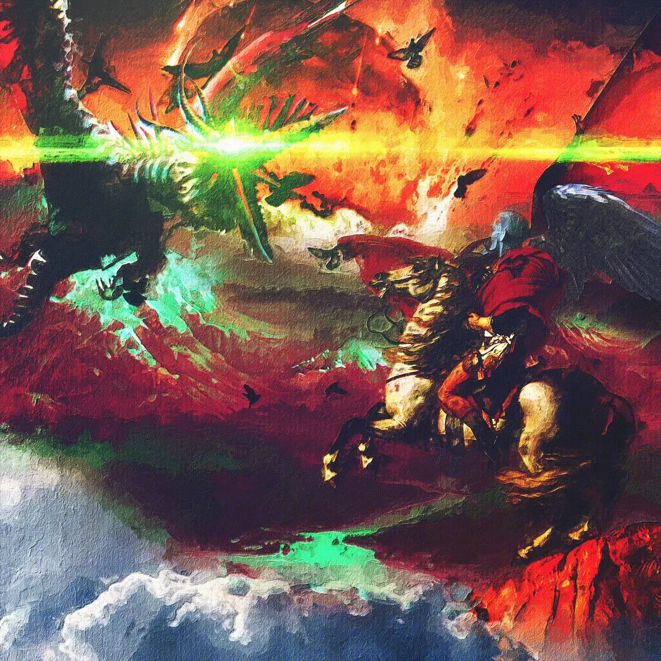 Behold A Pale Horseman. A rider in red on a rearing pale horse faces a winged beast across a burning sky, a green beam of light cutting through the smoke.