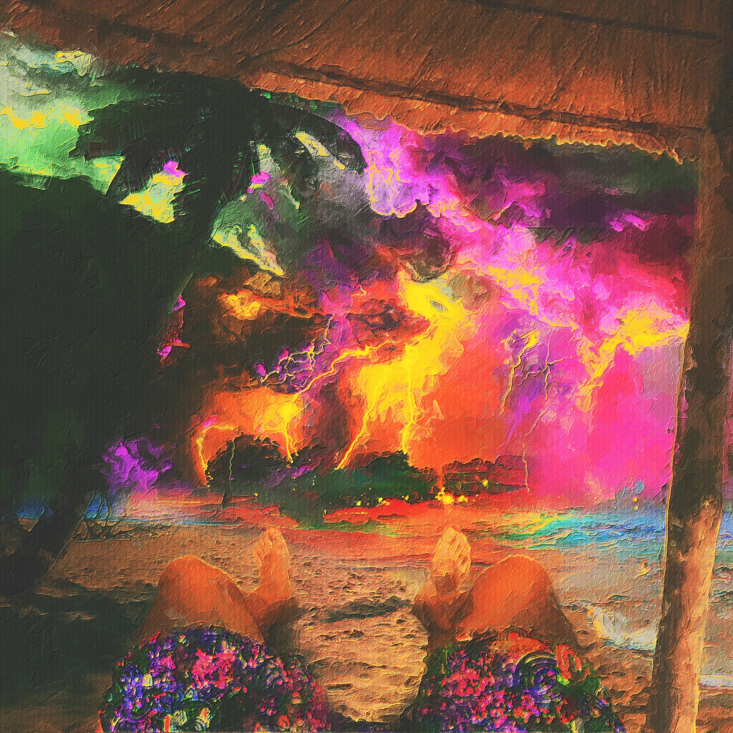 FREAKY BOP. From under a thatched beach hut, a man's legs stretch toward the shore while a solar storm of pink, yellow and orange lightning rages over the sea.