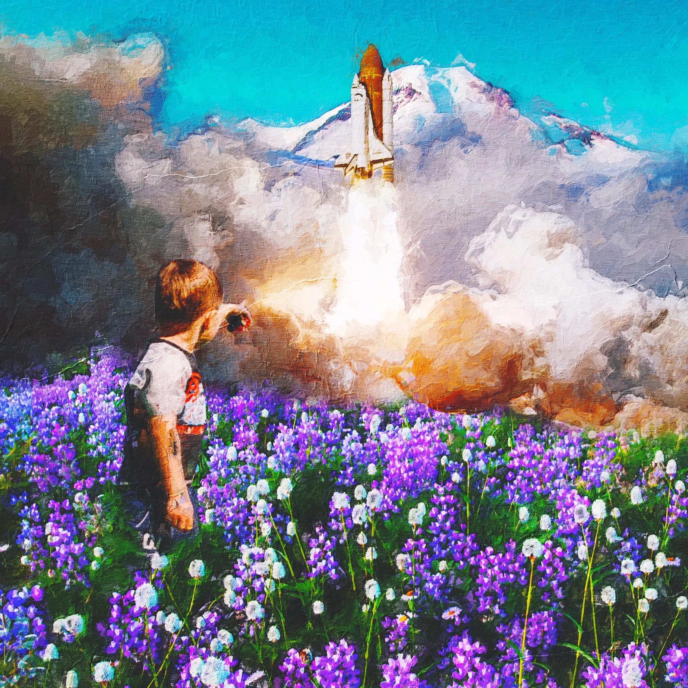 GAS IT!. In a field of purple lupines, a boy points up at a space shuttle lifting off past a snowy mountain in a bloom of smoke.