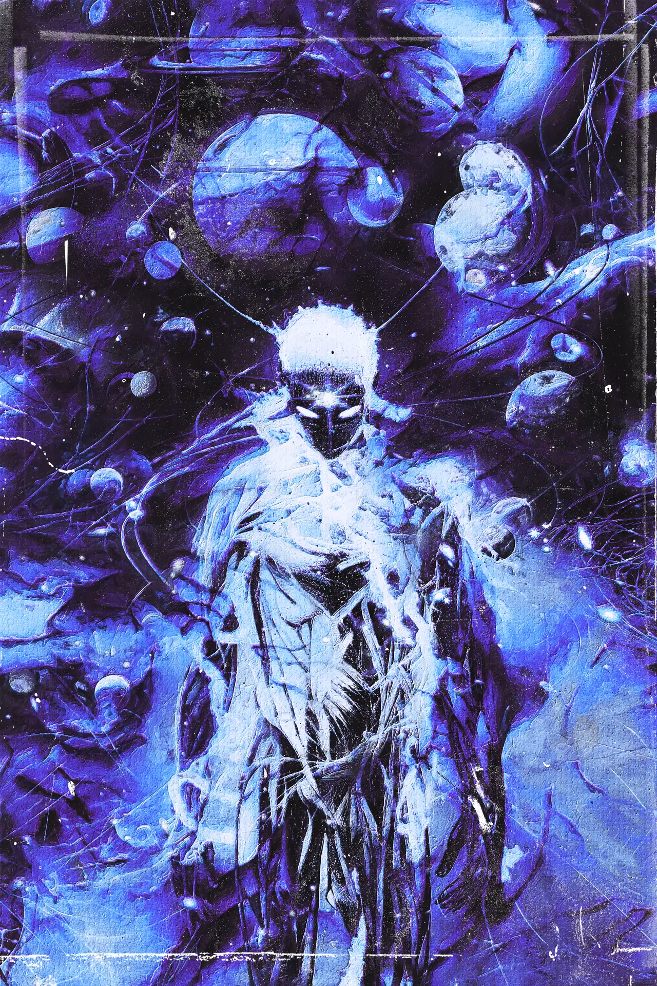 I’m Infinite. A pale figure with white hair and glowing eyes stands in tattered light, violet and blue planets crowding behind.