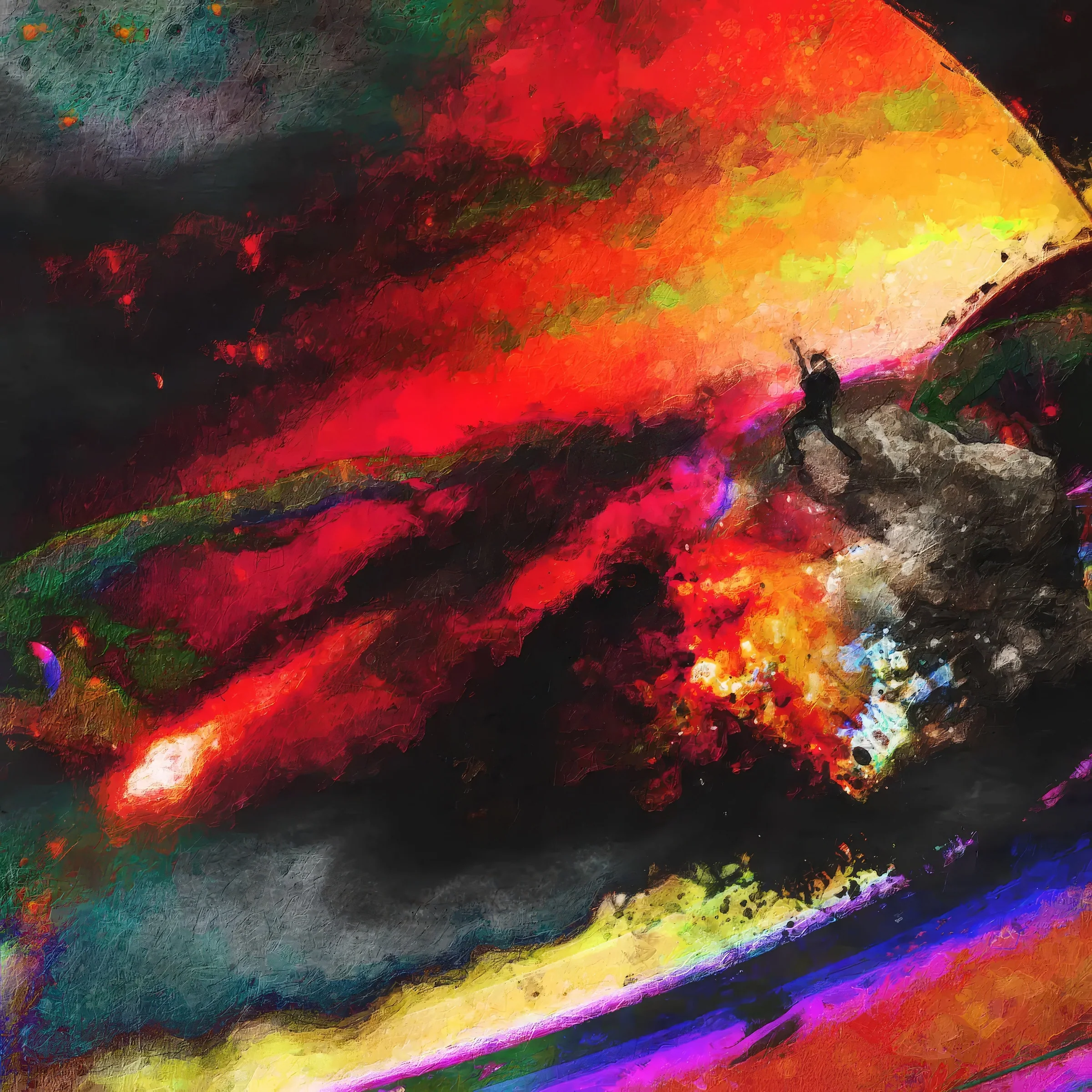 Intergalactic Glucose. A lone figure plays guitar on an asteroid drifting above Saturn's rings, a red comet streaking through the dark.
