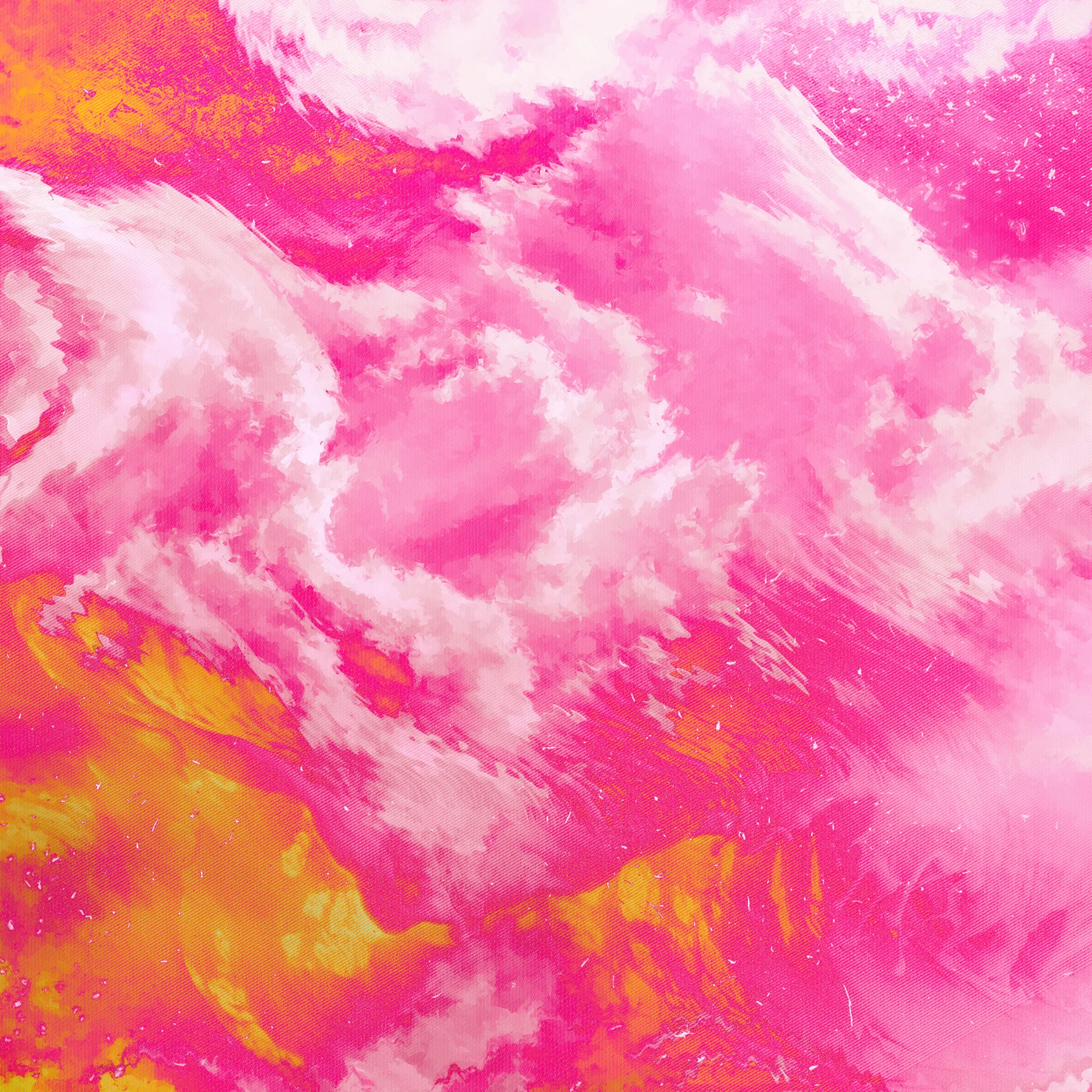 Pink+White. A sky of pink and white clouds swirls with streaks of molten orange and yellow.