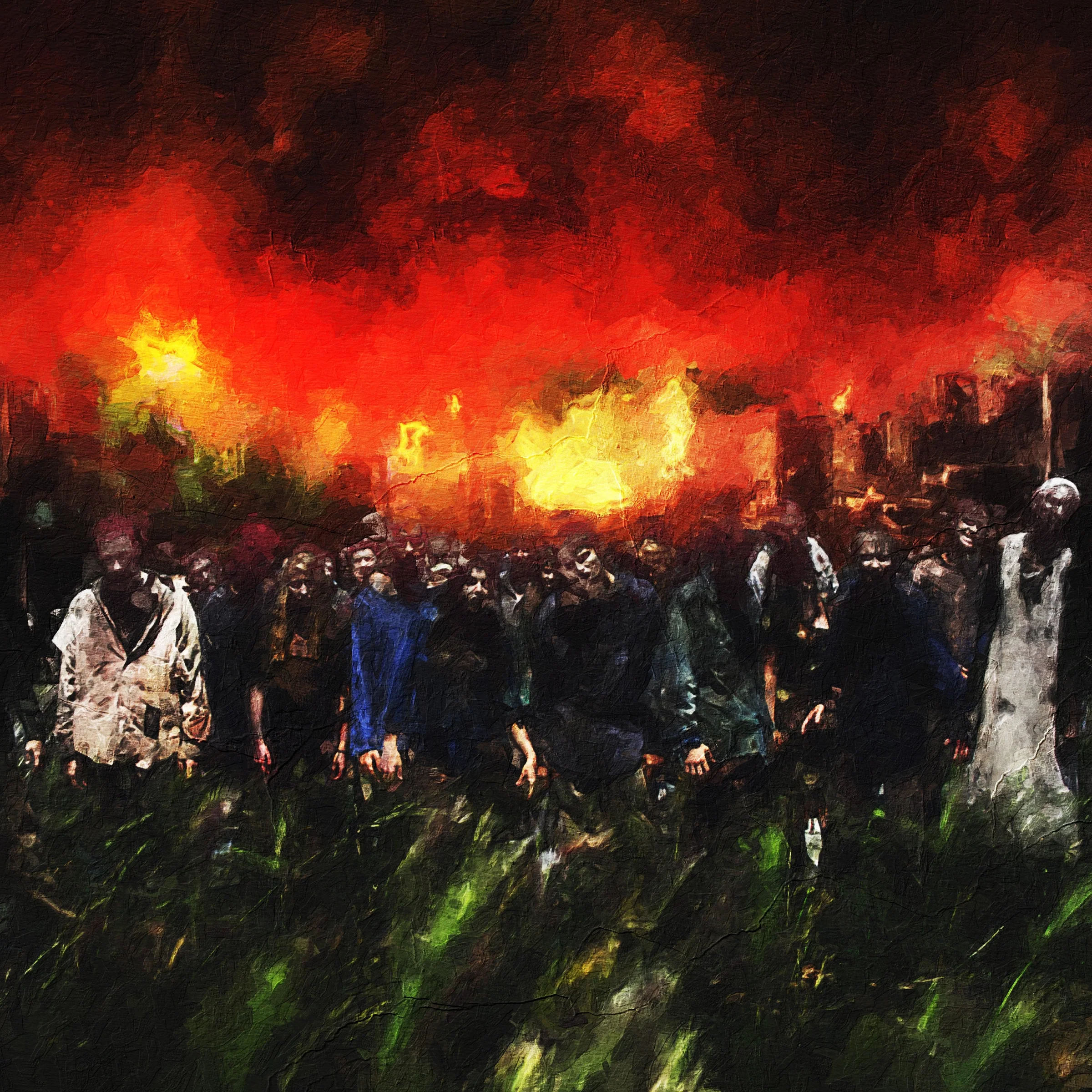 ZOMBIELAND. Under a sky of red fire and a burning city, a crowd of the dead walks out of the dark through tall grass.